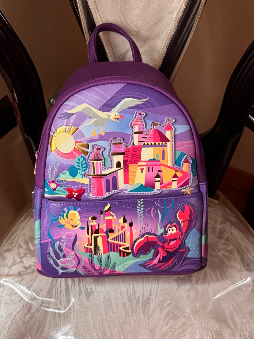 New Disney Purple Mermaid-Print Mini Backpack with Prince, Castle & Friends!